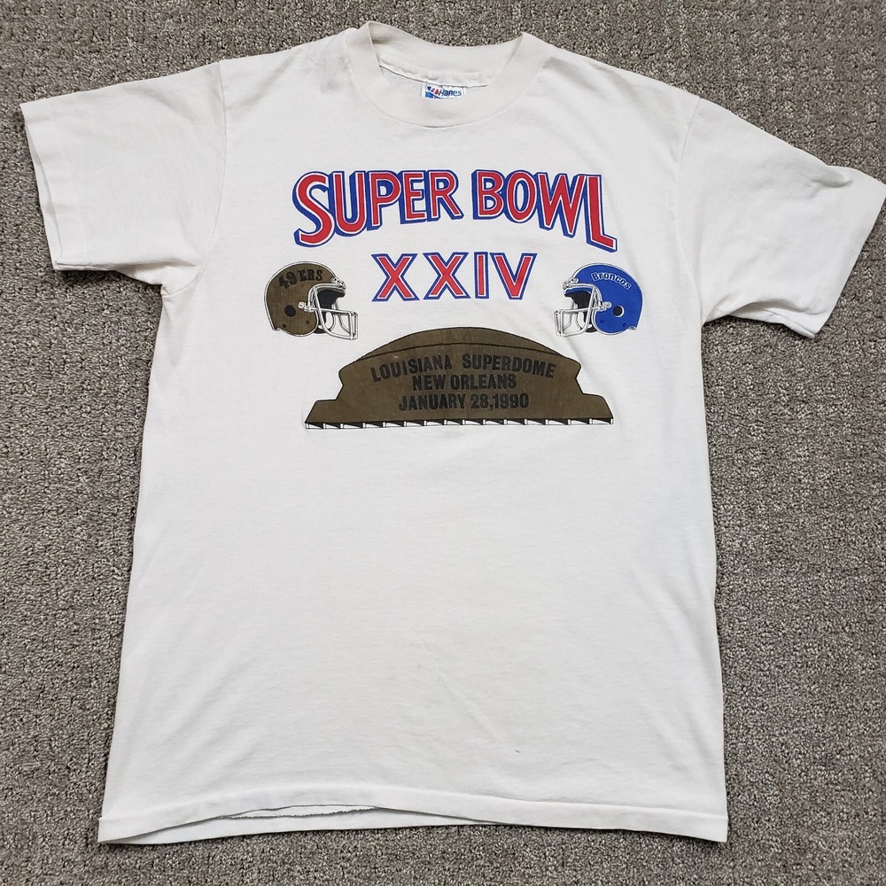 Hanes Super Bowl XXIV Shirt Mens M White 1990 49ers Broncos Vintage 90s Cotton